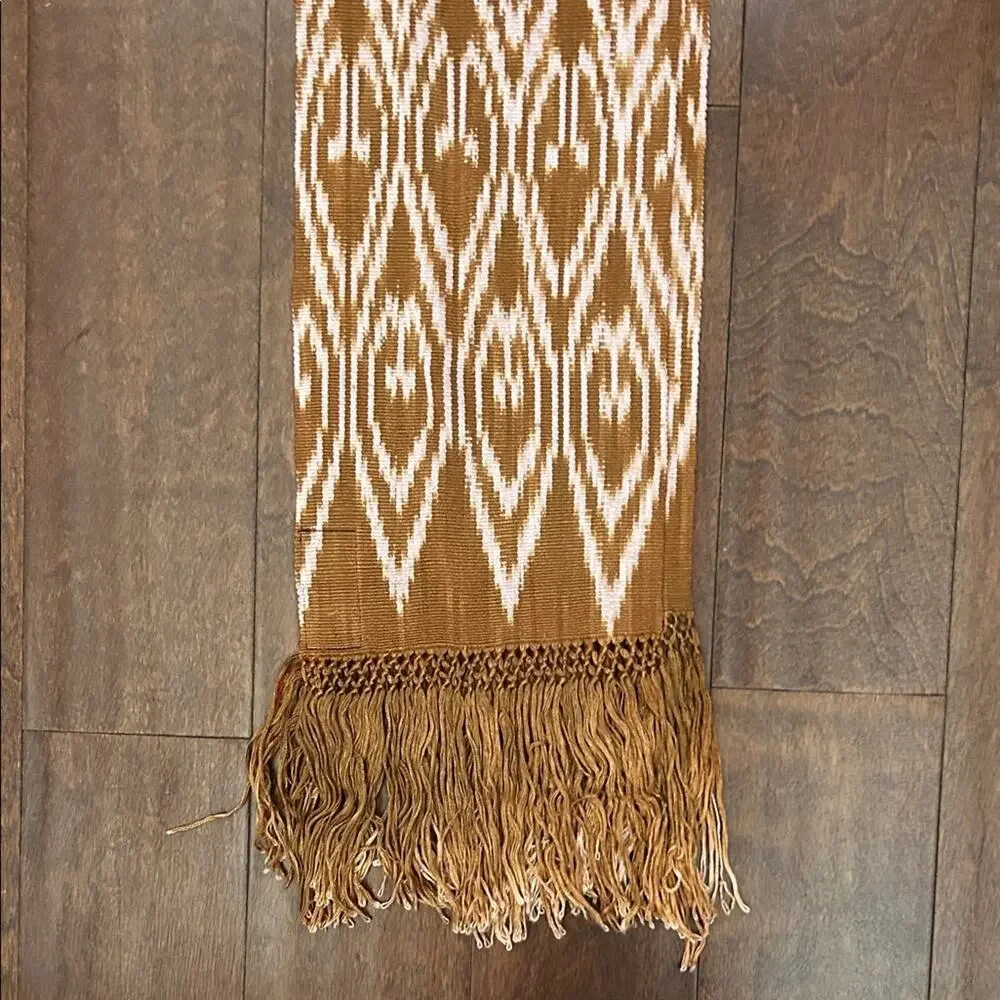Chic Handmade Tan and Pink Ikat Patterned Scarf with Fringed Ends From Ecuador